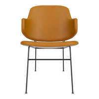 Orange modern chair with a smooth finish and black metal legs, featuring a sleek, minimalist design.