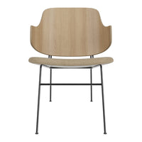 Light wood chair with a smooth finish and sleek black metal legs. Minimalist design and neutral color palette.