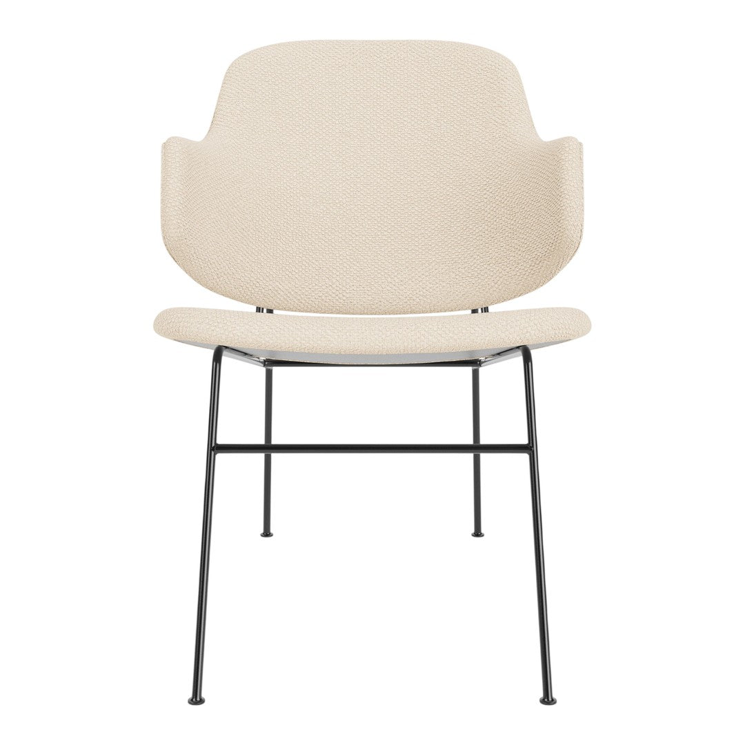 Beige chair with a minimalist design and black metal legs, featuring a smooth, soft texture.