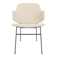 Beige chair with a minimalist design and black metal legs, featuring a smooth, soft texture.
