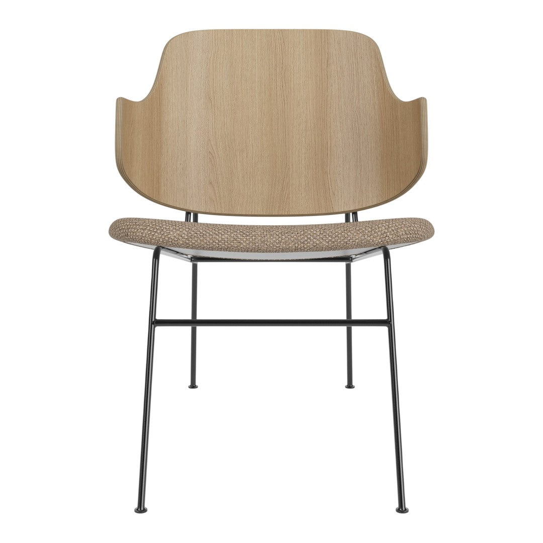 Minimalist wooden chair with a natural wood finish and neutral fabric seat, featuring sleek black metal legs.