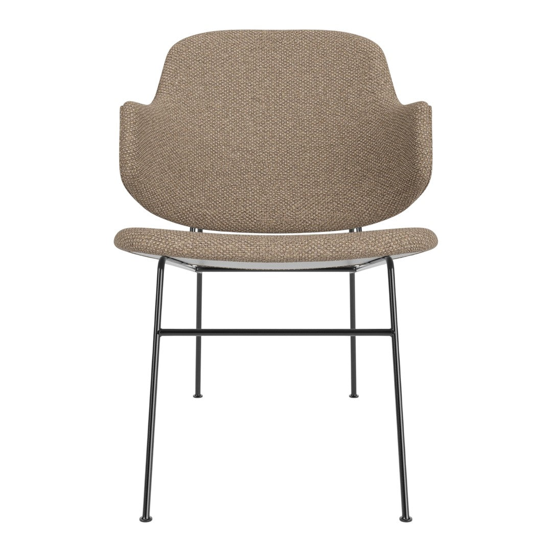 Beige upholstered chair with a textured pattern and sleek black metal legs. Elegant and modern design.