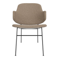 Beige upholstered chair with a textured pattern and sleek black metal legs. Elegant and modern design.