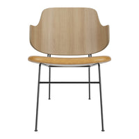Wooden chair with a light wood finish and black metal frame, featuring smooth, minimalistic lines.
