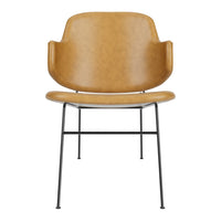 Tan leather dining chair with a smooth finish and black metal legs, featuring a minimalist design.