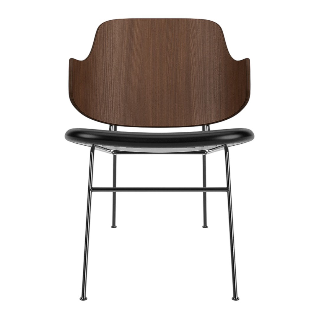 Brown wood backrest chair with a black curved seat and metal legs. Elegant and modern design with rich color contrast.