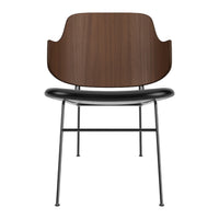 Brown wood backrest chair with a black curved seat and metal legs. Elegant and modern design with rich color contrast.