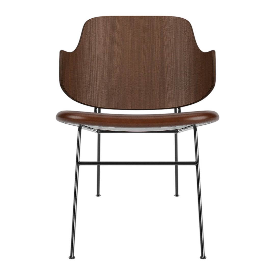 Modern chair featuring a rich walnut finish with smooth patterns and sleek black metal legs.
