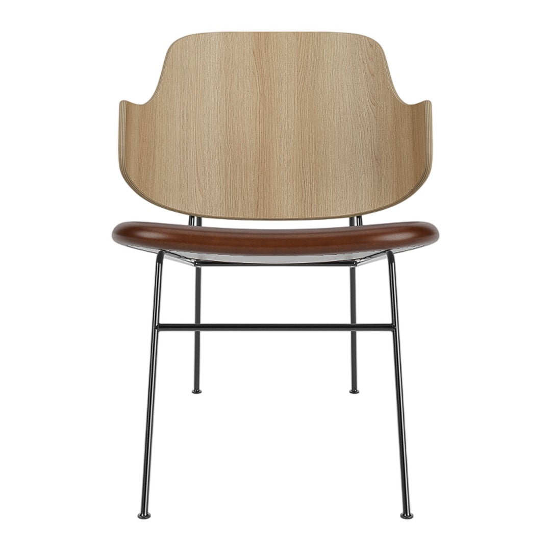 Light wood backrest, dark brown seat, and black metal legs create a sleek, modern chair design.