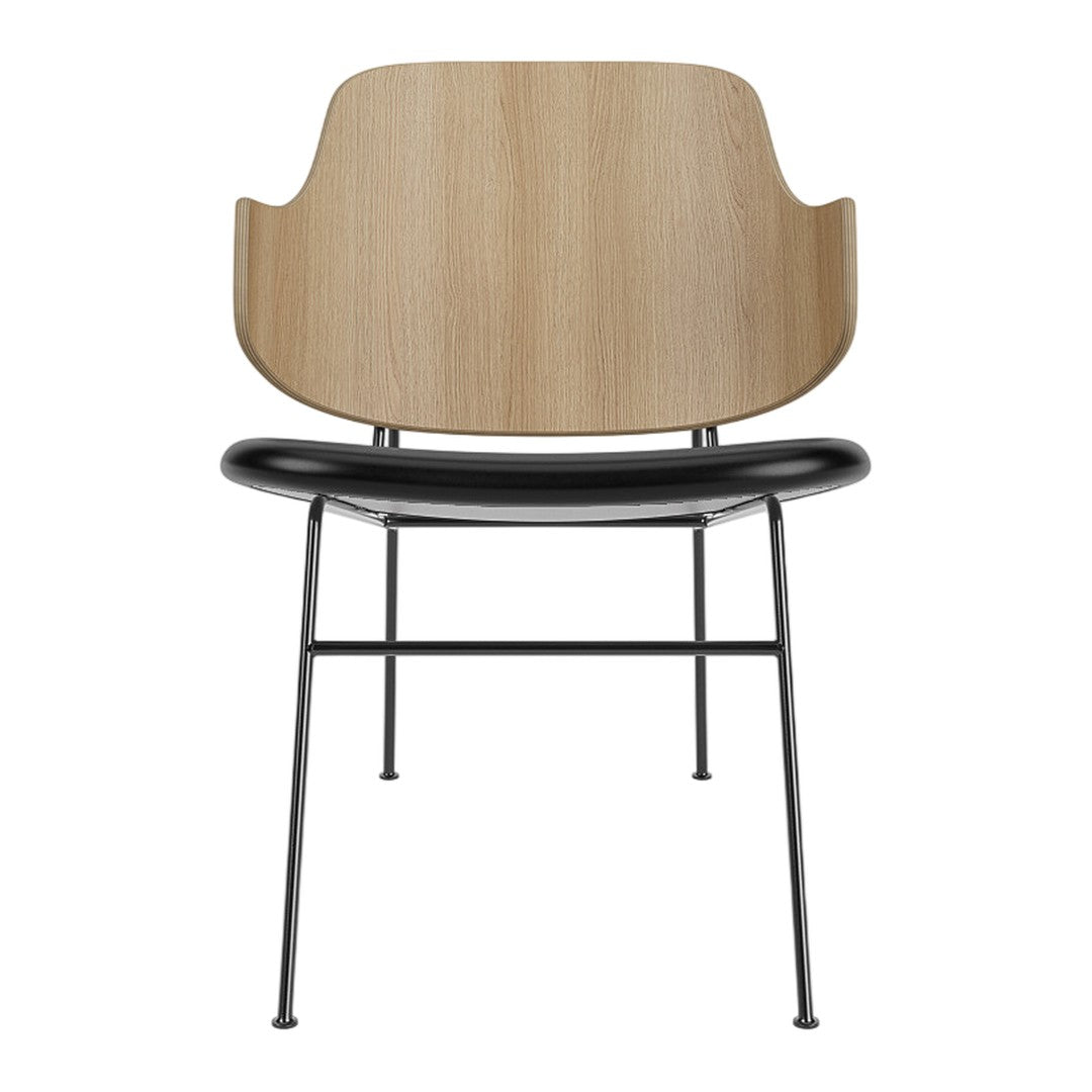 Wooden backrest, sleek black seat, and minimalistic metal legs create a modern, stylish chair design.