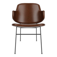 Brown leather chair with smooth finish and minimalist black metal legs, featuring sleek and modern design.