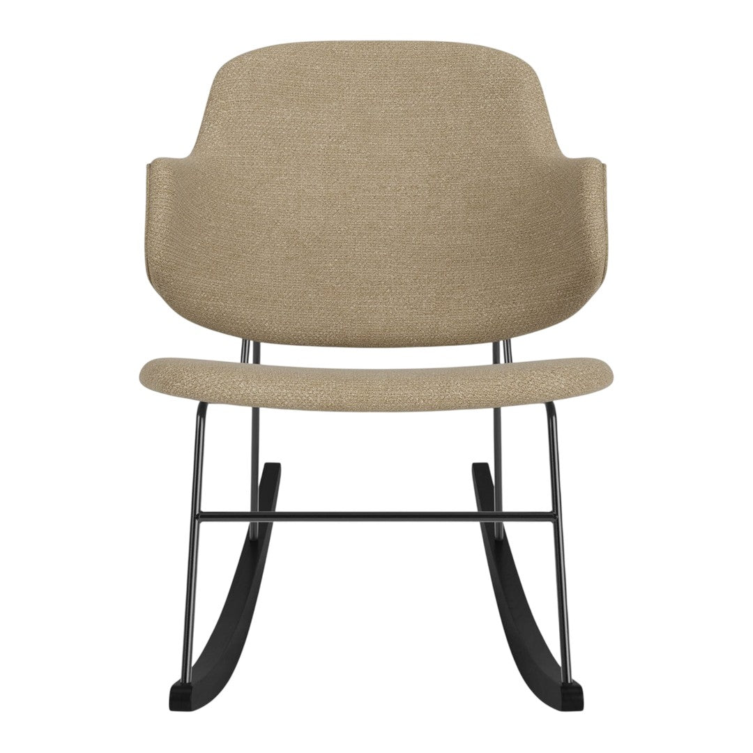 Beige upholstered rocking chair with a minimalist design and black metal frame. Ideal for modern decor.