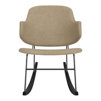 Beige upholstered rocking chair with a minimalist design and black metal frame. Ideal for modern decor.