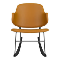 Stylish yellow-orange rocking chair with a sleek black metal base and modern design. Perfect for contemporary decor.