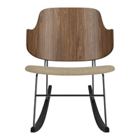 Wooden rocking chair with a walnut finish, beige fabric seat, and sleek black metal legs. Modern design with smooth lines.