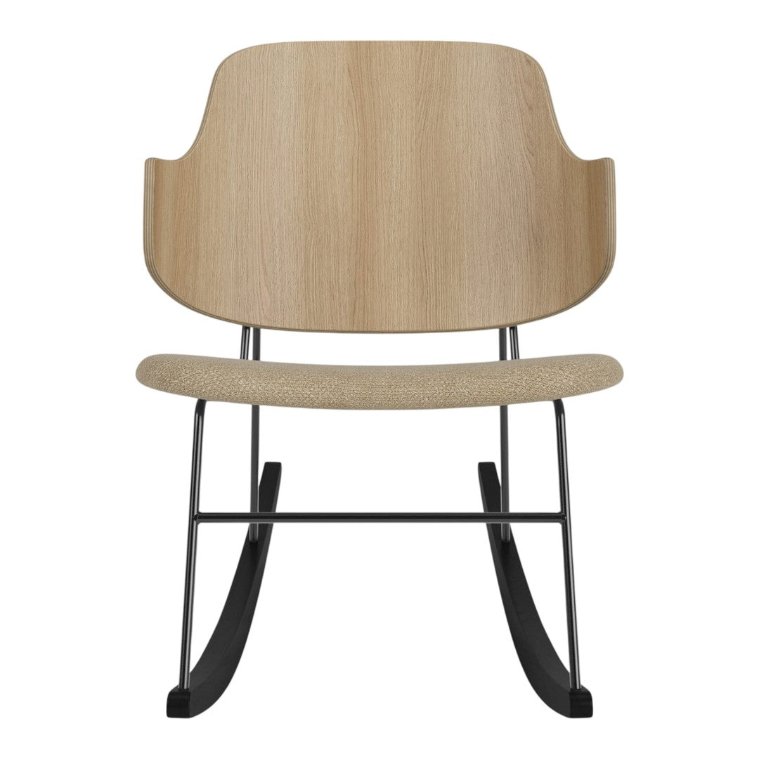 Wooden chair with a natural light wood finish and a beige seat, featuring a black metal rocking base.