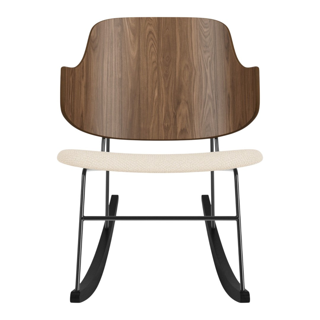 Walnut wood backrest with a beige seat and black metal rocking base, showcasing a modern minimalist design.