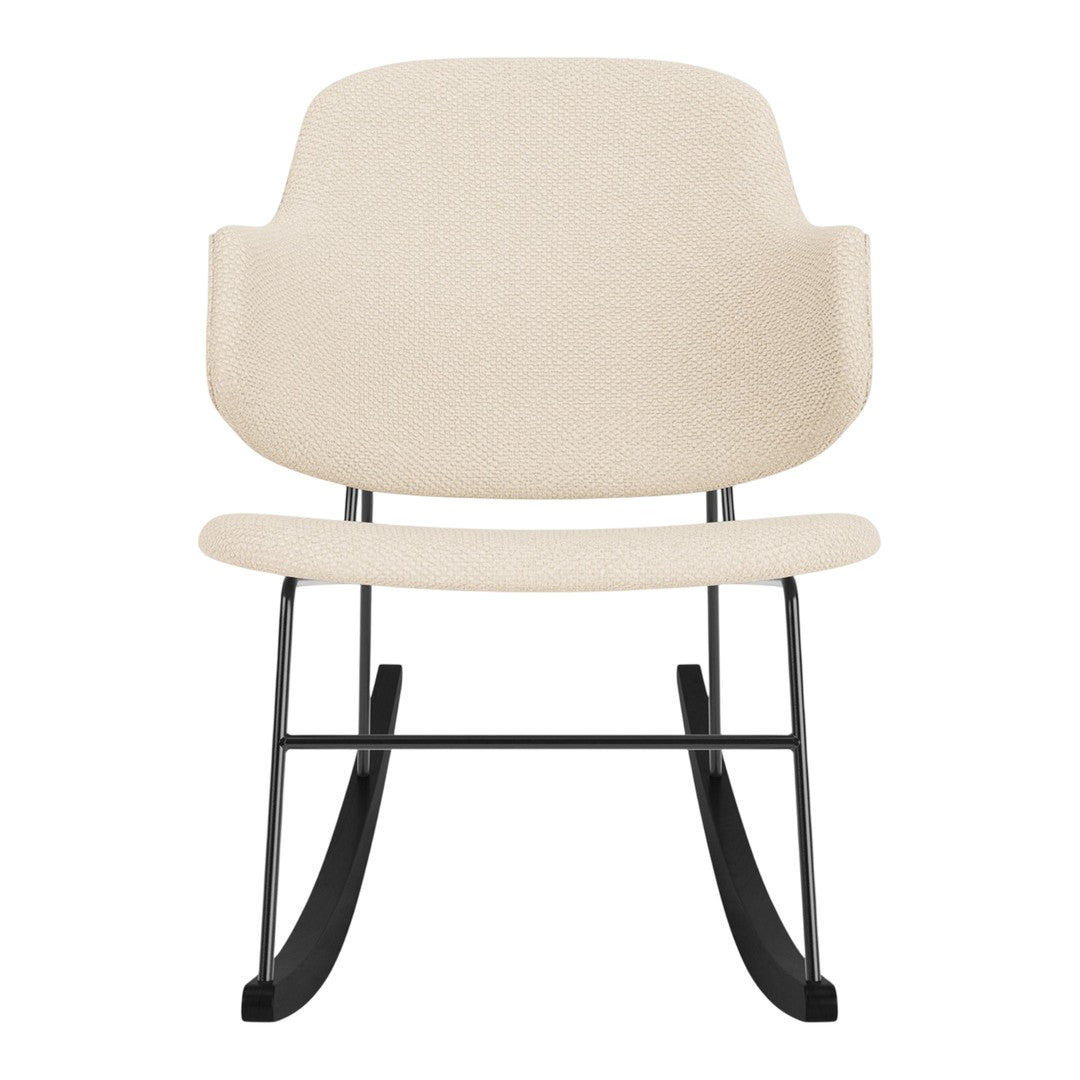 Cream-colored rocking chair with a smooth, minimalist design and black metal base. Ideal for modern decor.