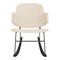 Cream-colored rocking chair with a smooth, minimalist design and black metal base. Ideal for modern decor.