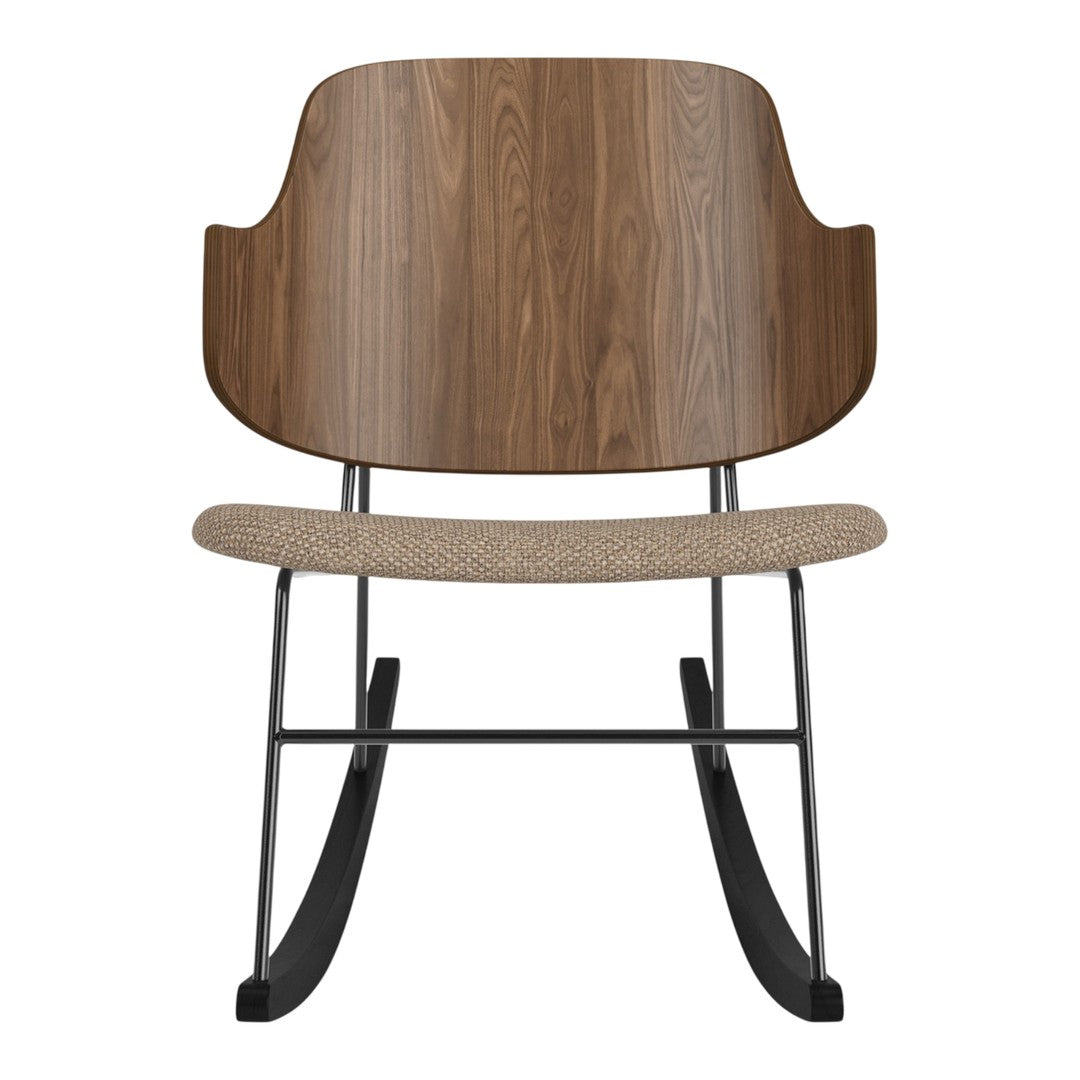 Wooden rocking chair with a rich brown finish and a textured beige seat. Modern design with sleek black metal legs.