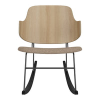 Light wood chair with a textured beige seat and sleek black metal legs, combining modern and natural elements.