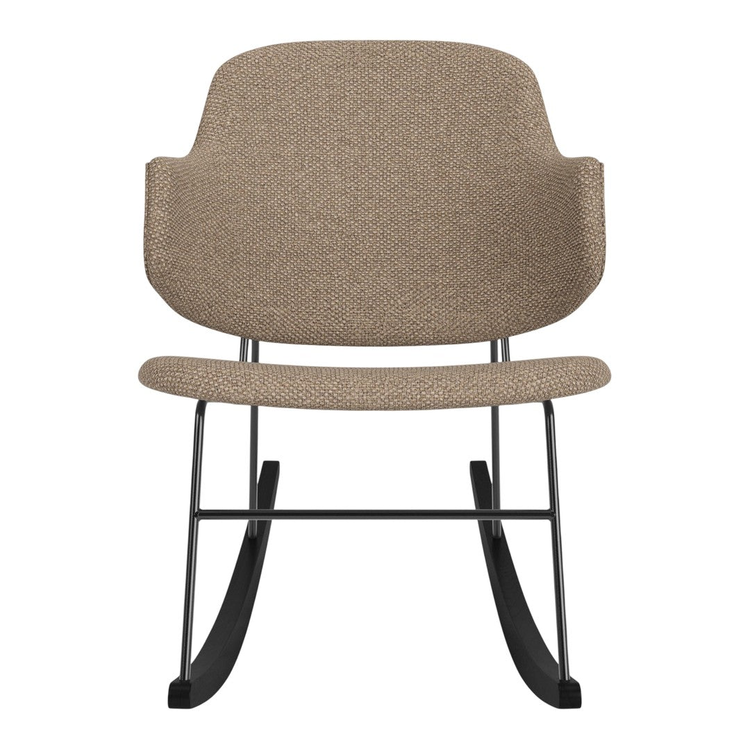 Beige rocking chair with a smooth fabric texture and sleek black metal base, ideal for modern decor.