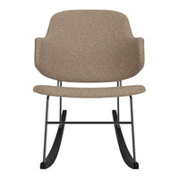 Beige rocking chair with a smooth fabric texture and sleek black metal base, ideal for modern decor.