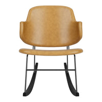 Tan leather rocking chair with a minimalist design and black metal base. Perfect for modern decor.