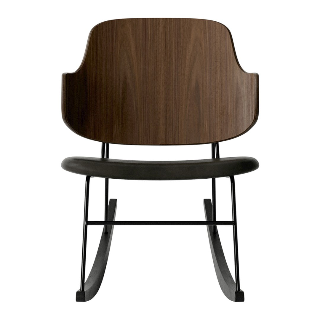 Wooden rocking chair with a rich walnut finish and sleek black metal base, featuring a minimalist design.