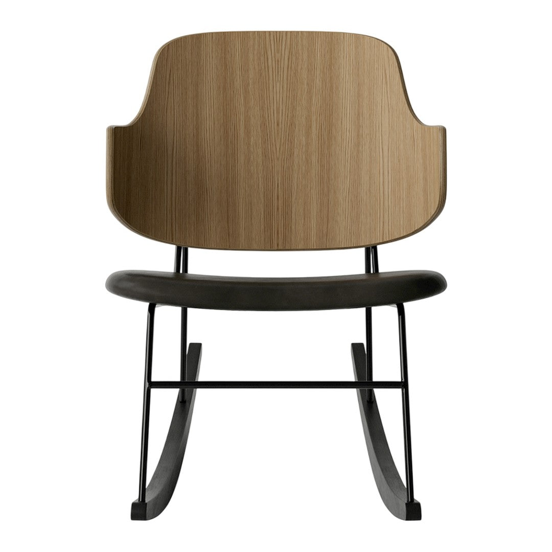 Wooden rocking chair with a sleek, natural wood finish and contrasting black metal base for a modern touch.