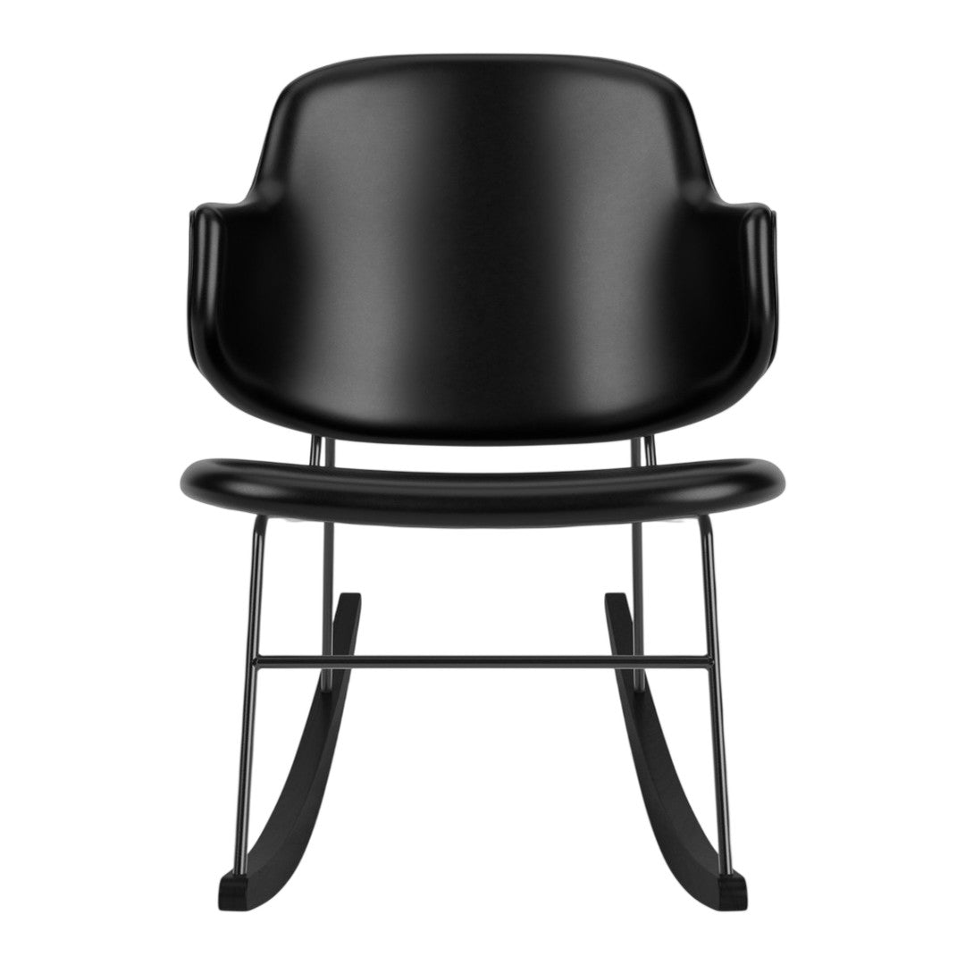 Sleek black rocking chair with a smooth, modern finish and minimalist design. Perfect for contemporary spaces.