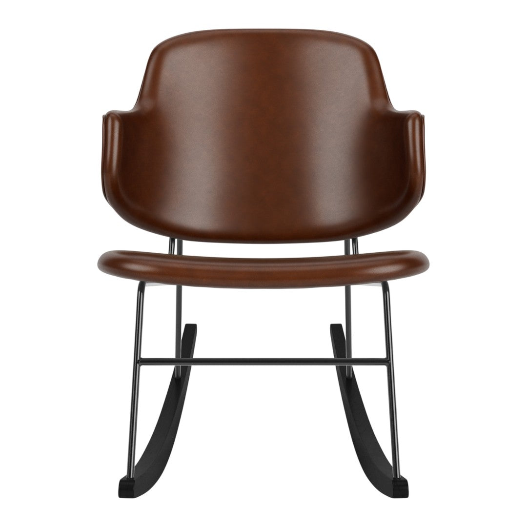 Brown leather rocking chair with sleek black metal base and minimalist design. Perfect for stylish home decor.