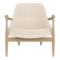 Beige upholstered chair with a smooth texture and minimalistic wooden frame. Modern, neutral tones for versatile decor.