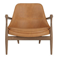Tan leather armchair with a minimalist design and smooth wooden legs, perfect for modern decor.