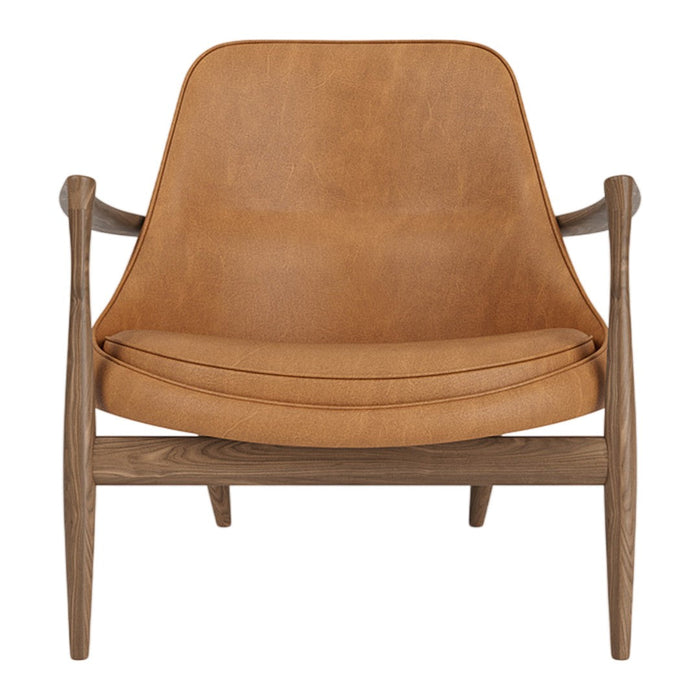 Tan leather armchair with a minimalist design and smooth wooden legs, perfect for modern decor.