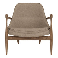 Brown textured fabric armchair with sleek wooden legs, perfect for modern interiors.
