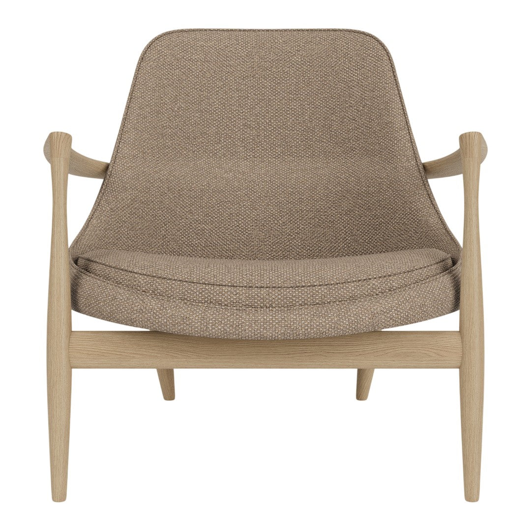 Light brown textured upholstery accentuated by natural wood frame. Modern design with minimalist appeal.
