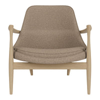 Light brown textured upholstery accentuated by natural wood frame. Modern design with minimalist appeal.