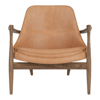 Light tan leather armchair with smooth texture and natural wood accents, featuring a modern, minimalist design.