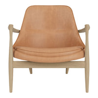Light tan leather armchair with a smooth finish and natural wood frame, showcasing minimalist design and warm tones.