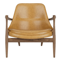Tan leather armchair with a smooth finish and natural wood base, featuring a minimalist, modern design.