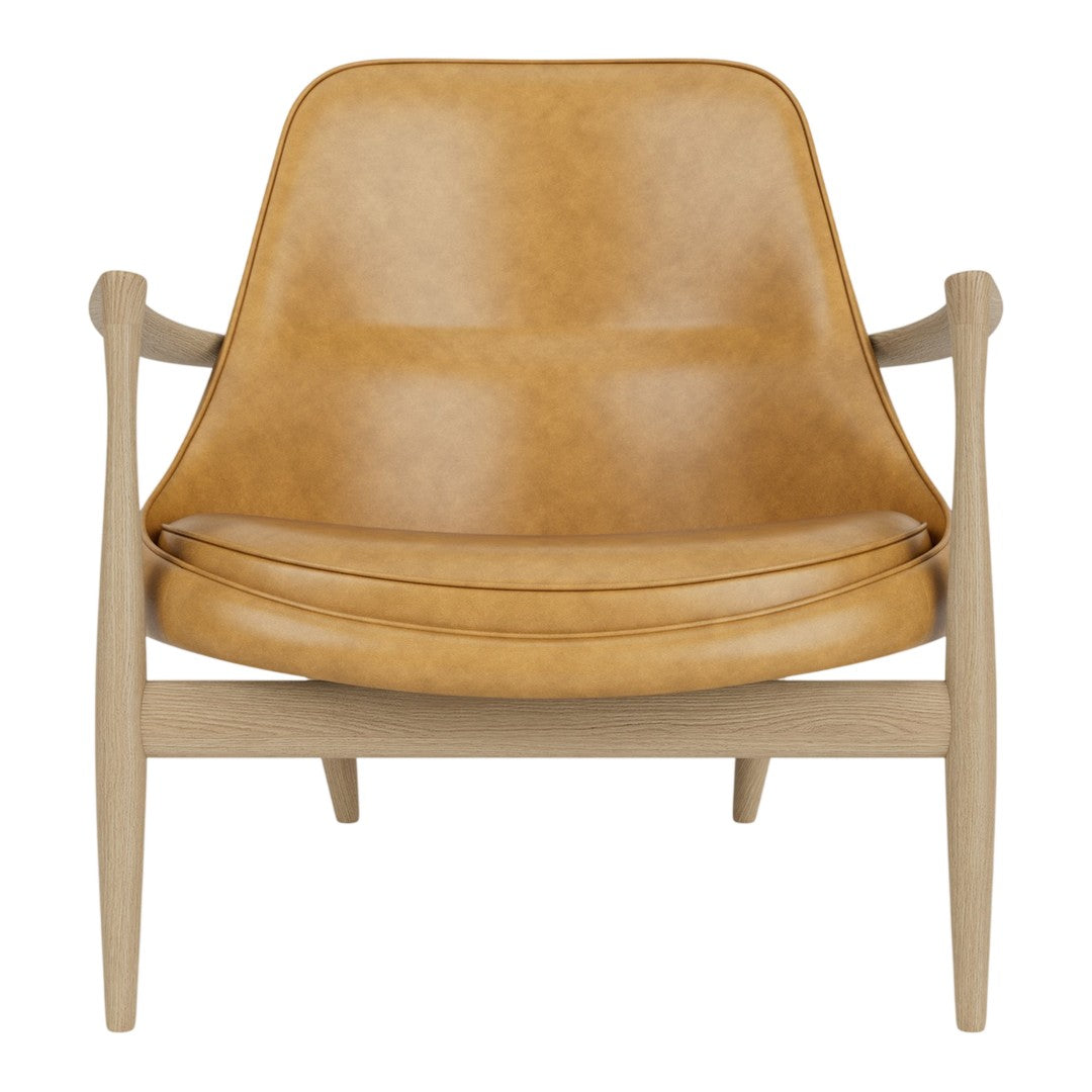 Tan leather armchair with a smooth finish and light wooden legs, creating a stylish modern look.
