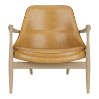 Tan leather armchair with a smooth finish and light wooden legs, creating a stylish modern look.