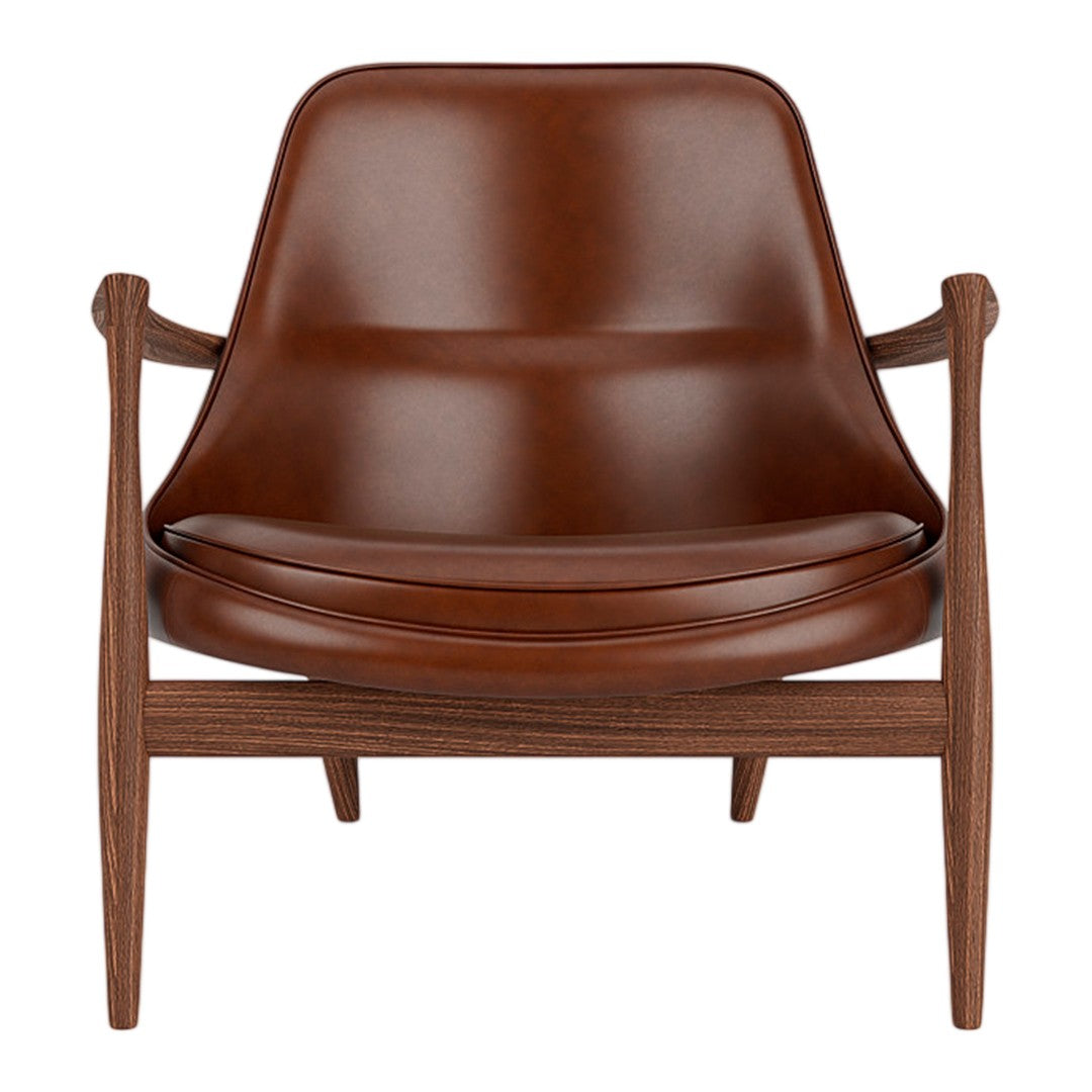 Brown leather armchair with smooth curves and wooden frame, combining modern sleekness with warm, natural tones.