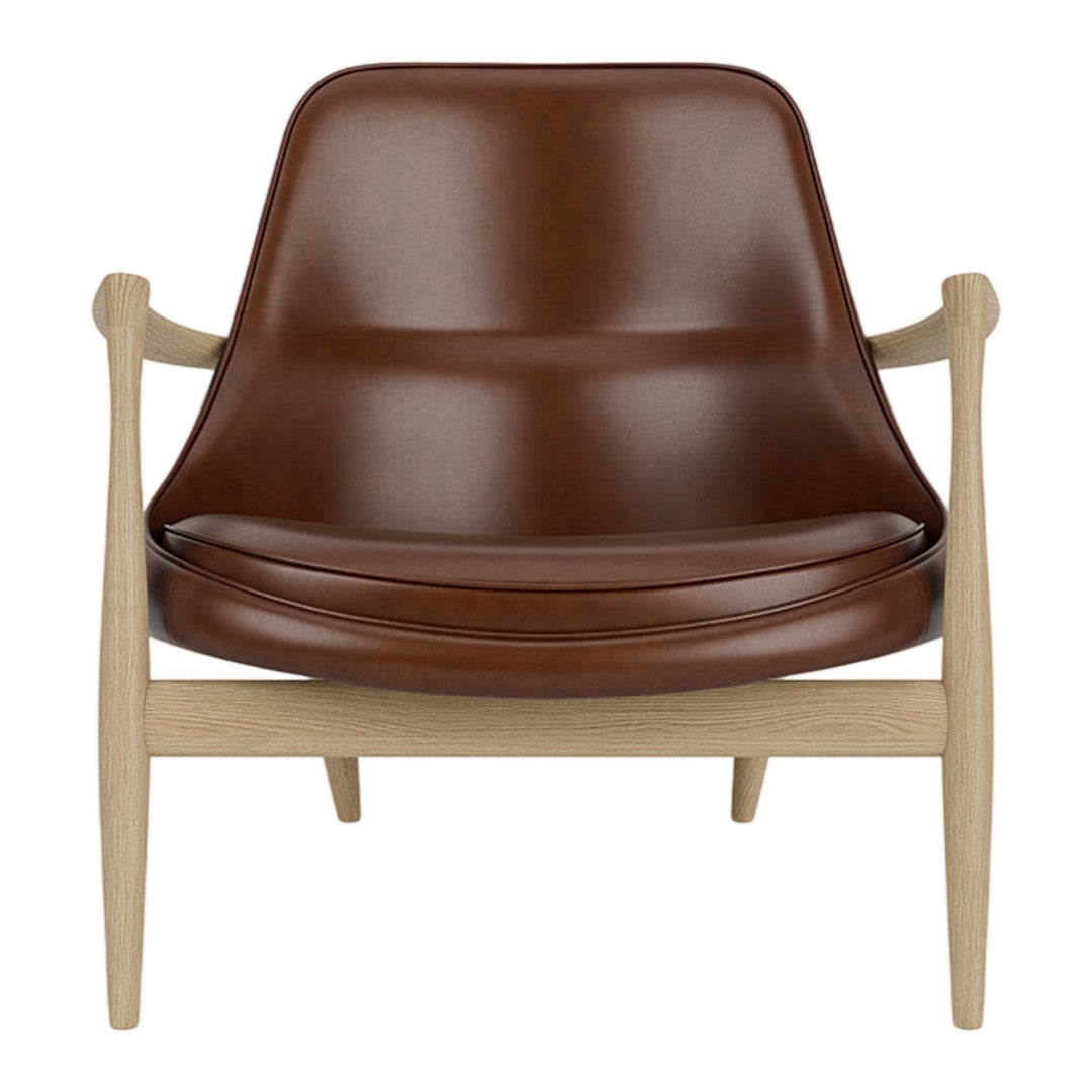 Brown leather chair with a smooth finish, featuring natural wooden legs in a minimalist design.