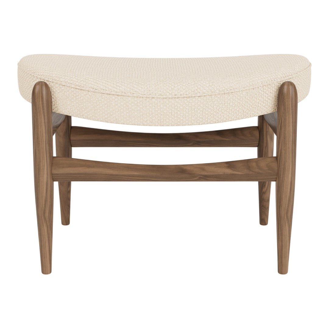 Beige plush upholstery with a subtle texture, complemented by a warm walnut wood frame. Elegant and stylish design.