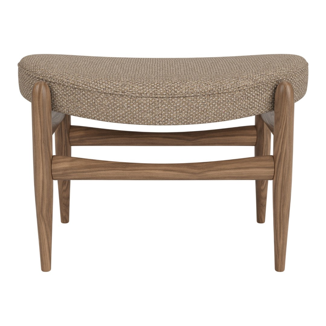 Textured beige upholstery with a natural wood frame, featuring a modern, curved design. Perfect for any decor.