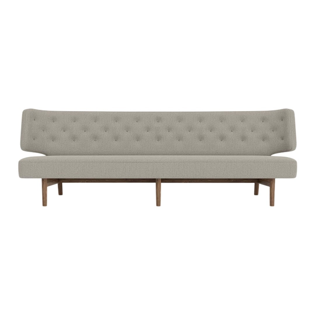 Modern light gray tufted sofa with wooden legs, featuring a sleek, minimalist design. Perfect for contemporary spaces.