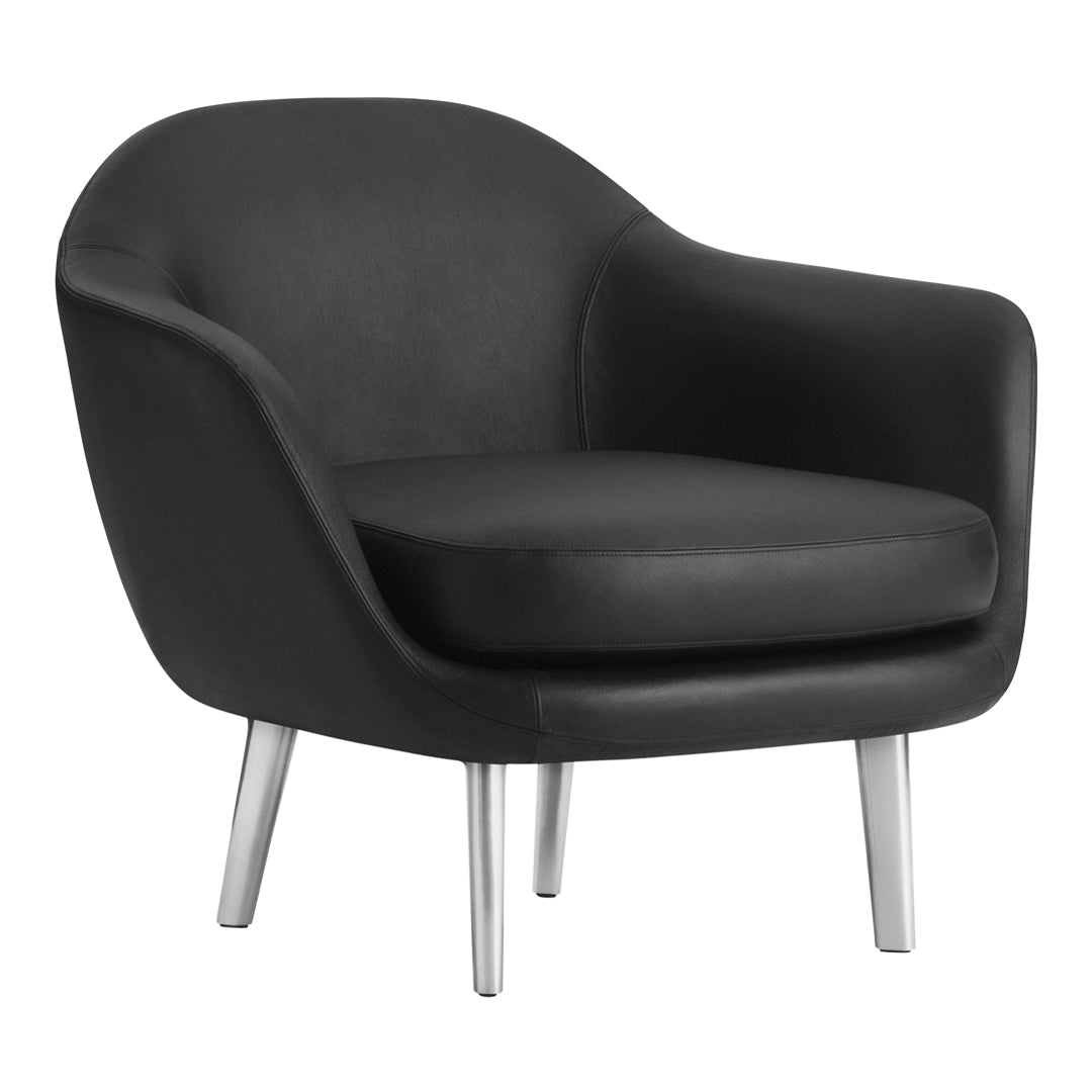 "Modern black upholstered chair with smooth curves and silver metal legs, perfect for stylish indoor decor."