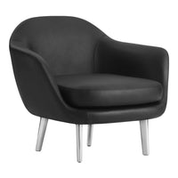 "Modern black upholstered chair with smooth curves and silver metal legs, perfect for stylish indoor decor."